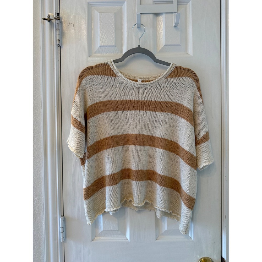 Wishlist Cream Tan Striped Knit Sweater Short Sleeve Boxy Boho Small - Picture 2 of 6